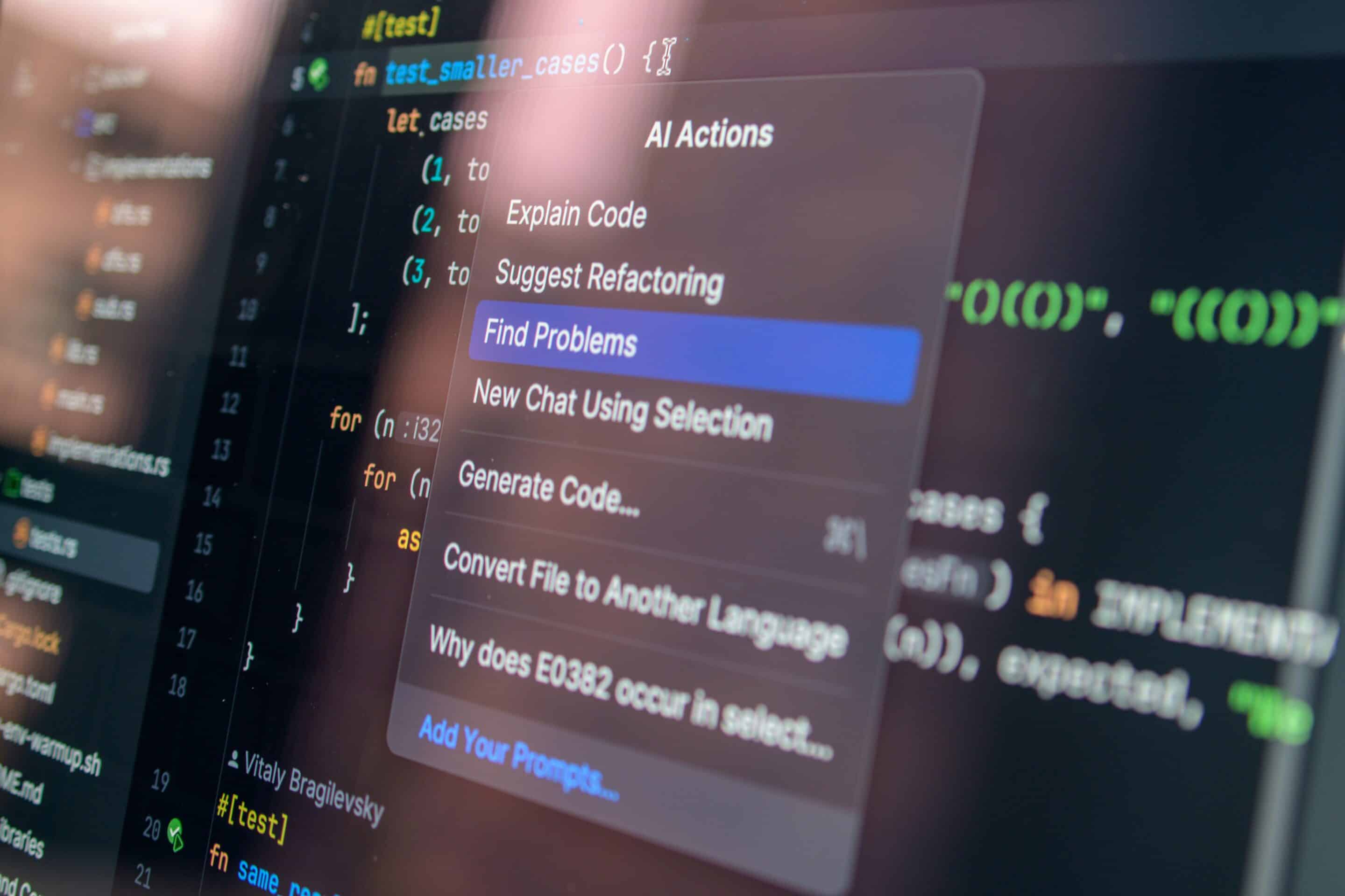 Close-up of a code editor with an AI assistant menu highlighting "Find Problems", representing modern development environments
