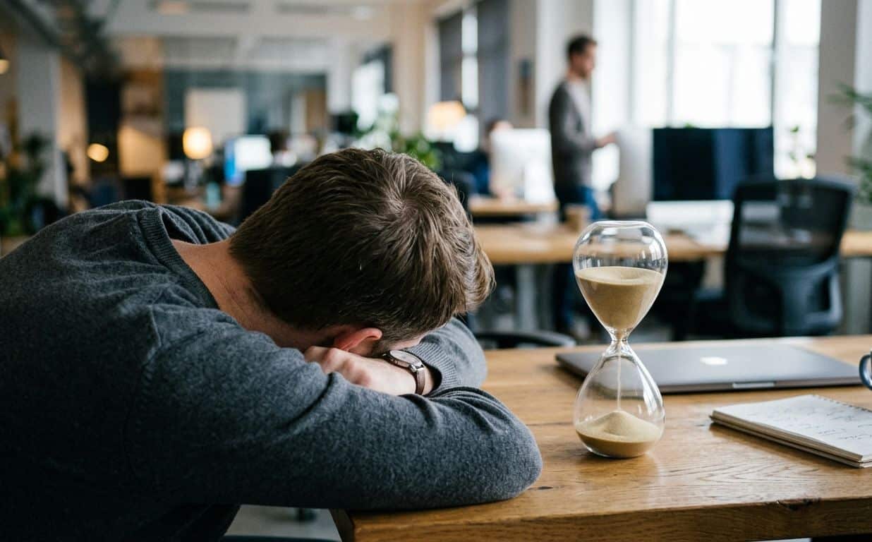 A bored corporate employee leaning their head on their arms on an office desk, looking at an hourglass with a blurred open-plan office background, representing waiting times in internal software.