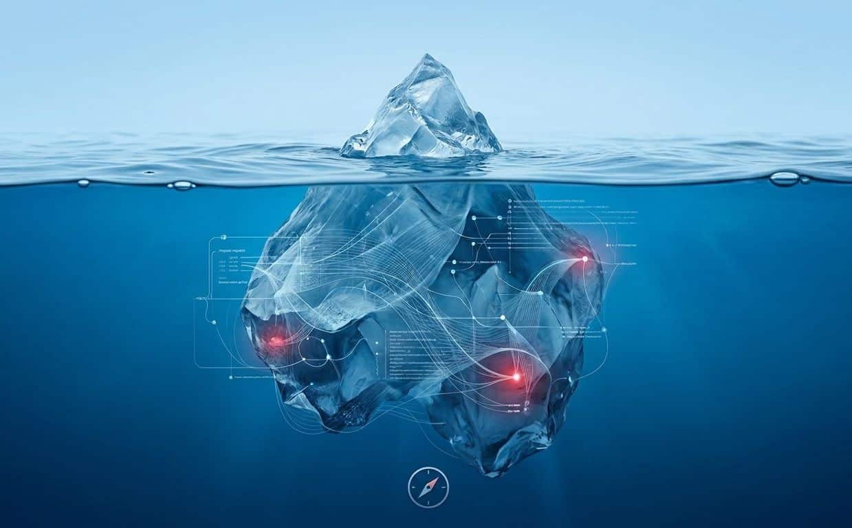 An iceberg in deep blue water metaphorically representing application performance and observability in internal systems, showing a clean top and a complex digital network with latency bottlenecks hidden deep underwater.